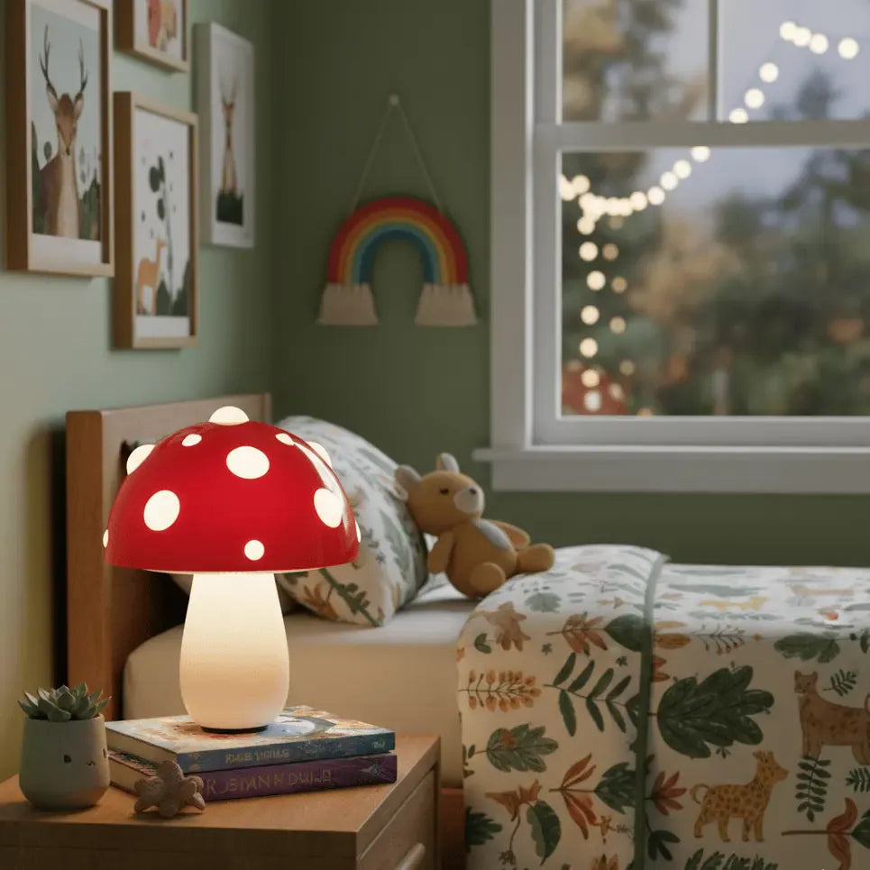 Veilleuse champignon rouge à pois dans chambre d’enfant, lumière douce idéale pour rassurer au coucher.