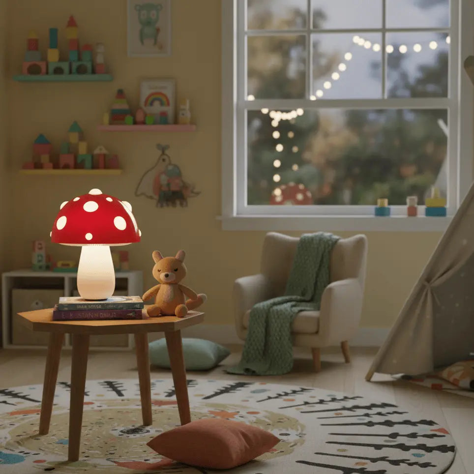 Lampe champignon pour enfant posée dans salle de jeux, veilleuse LED ludique et décorative.
