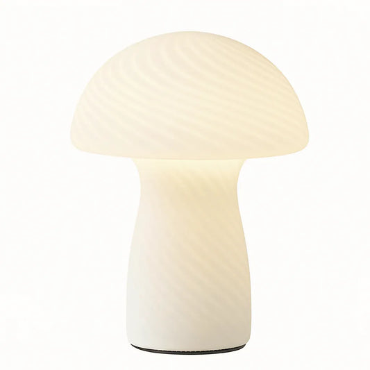 Lampe champignon en verre sur fond blanc, lumière LED douce idéale pour décoration moderne.