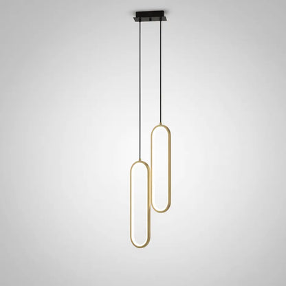 Suspension lumineuse design double ovale dorée, luminaire moderne pour salon ou chambre.